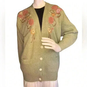 Bechamel Vintage Knit Embroidery Cottagecore Mint Floral Cardigan.
